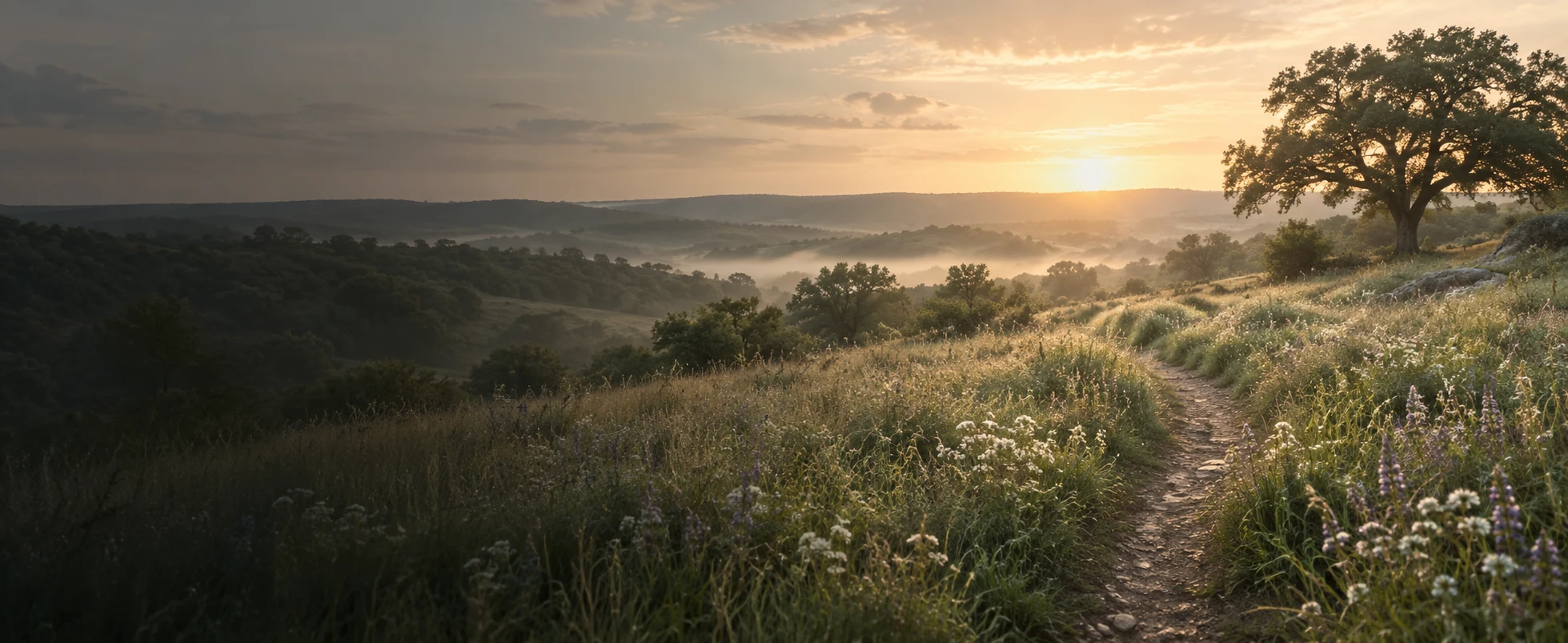 A sunlit path winding through North Texas wildflowers and native grasses